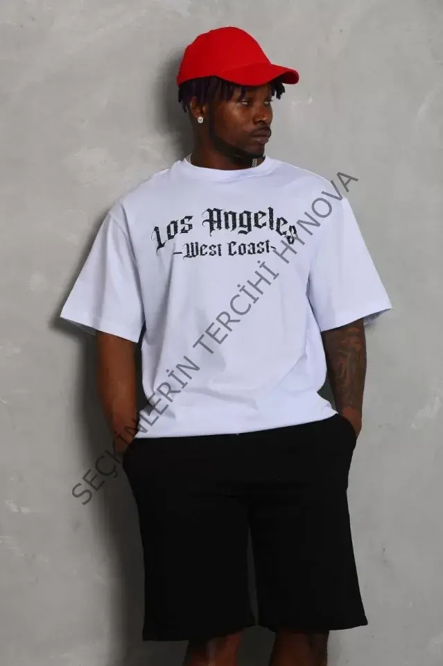 Unisex Oversize Baskılı Bisiklet Yaka T-Shirt - Beyaz