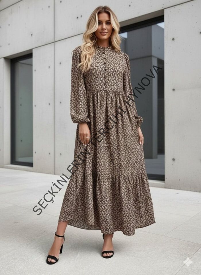Kadın Uzun Kollu Hakim Yakalı Düğmeli Kemersiz Desenli Maxi Süprem Elbise