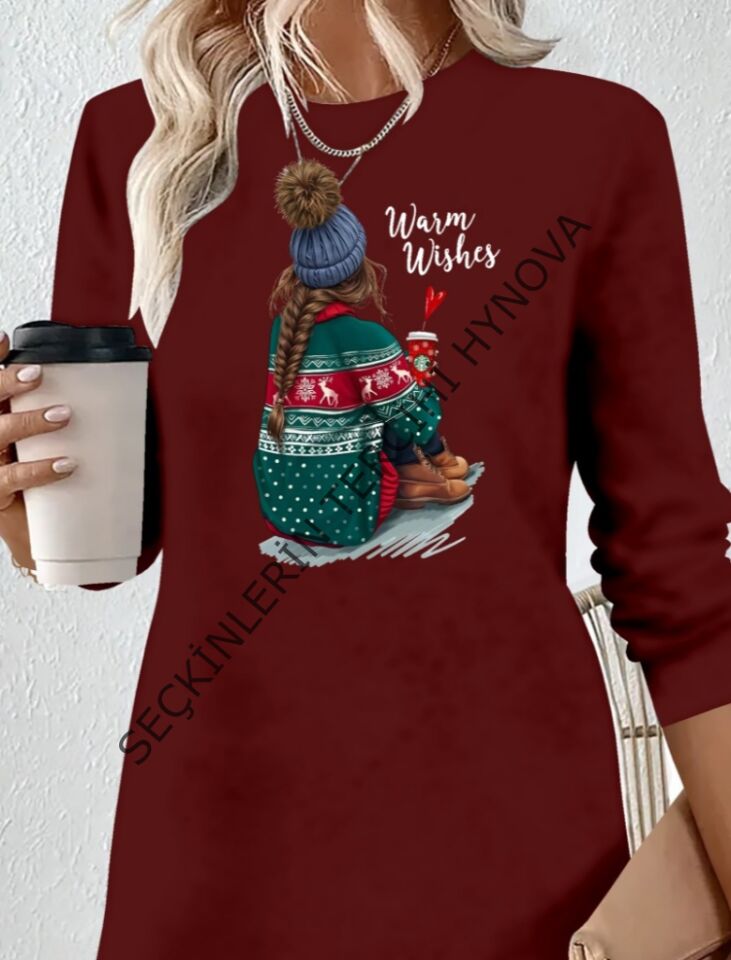 Kadın Uzun Kollu Bisiklet Yaka Desenli Viskon Iki Iplik Elbise