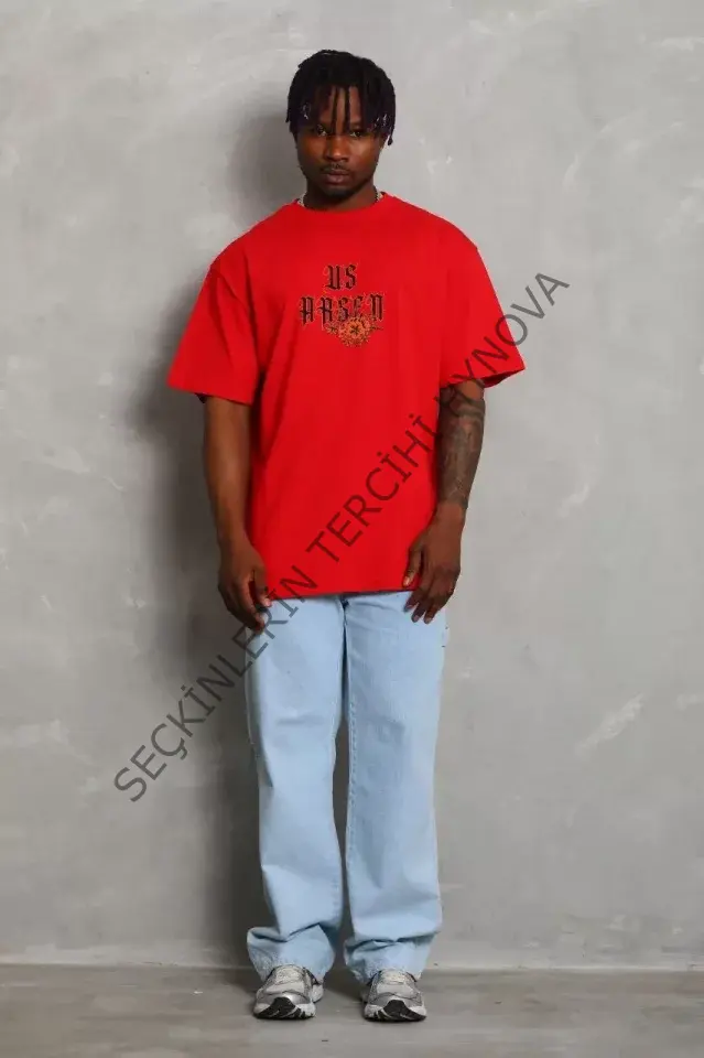 Unisex Oversize Baskılı Bisiklet Yaka T-Shirt - Kırmızı