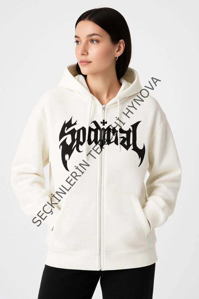 Oversize Kapüşonlu Sweatshirt Hoodie 3 İplik Şardonlu Pamuklu Kumaş, Önü Baskılı, Fermuarlı Rahat Kalıp, Kışlık Ve Sokak Stili Sweat - Beyaz