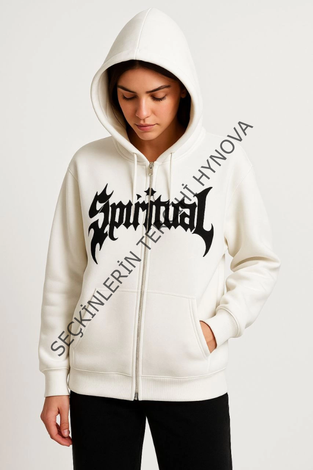 Oversize Kapüşonlu Sweatshirt Hoodie 3 İplik Şardonlu Pamuklu Kumaş, Önü Baskılı, Fermuarlı Rahat Kalıp, Kışlık Ve Sokak Stili Sweat - Beyaz