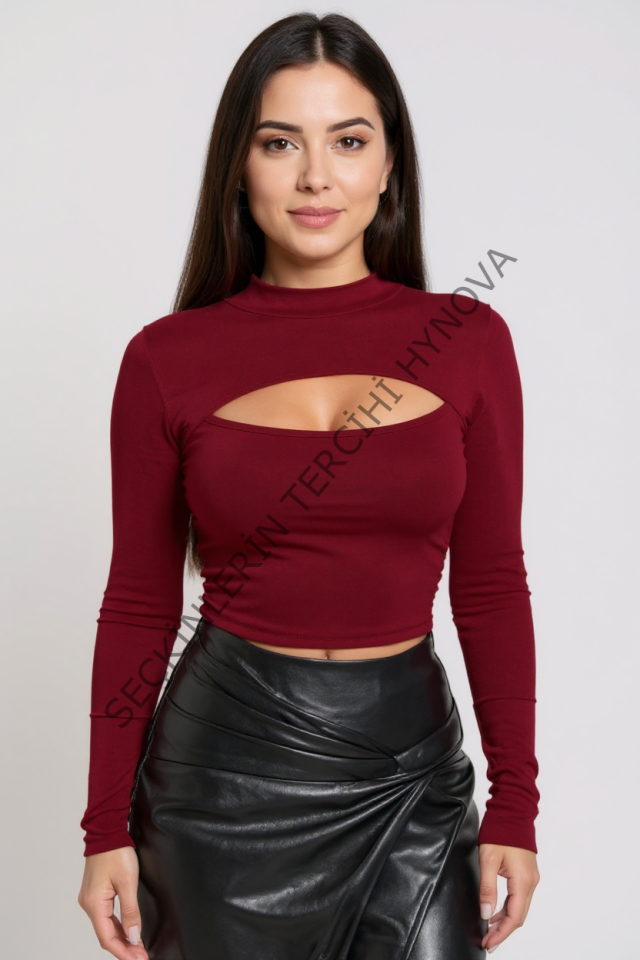 Kadın Bordo Göğüs Dekolteli Uzun Kollu Cut Out Crop Top Bluz – Şık, Rahat ve Kolay Kombinlenebilir