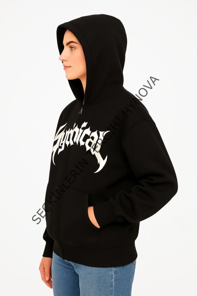 Oversize Kapüşonlu Sweatshirt  Hoodie 3 İplik Şardonlu Pamuklu Kumaş, Önü Baskılı, Fermuarlı Rahat Kalıp, Kışlık Ve Sokak Stili Sweat - Siyah