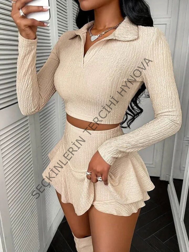 Bürümcük Kumaş Uzun Kol Vatkalı Şort Etekli Takım