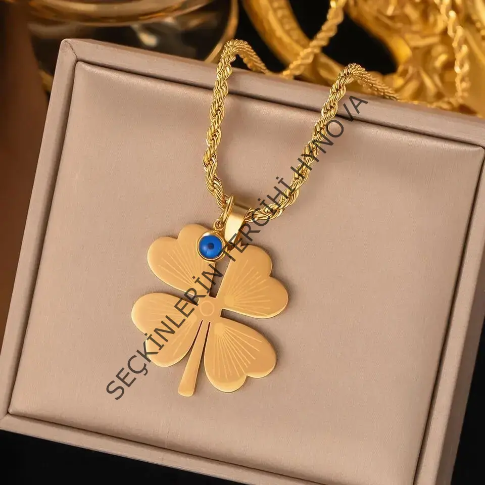 Çelik Nazar Boncuklu Yonca Kolye 60 cm