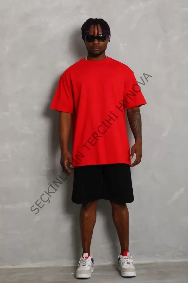Unisex Oversize Düz Bisiklet Yaka T-Shirt - Kırmızı