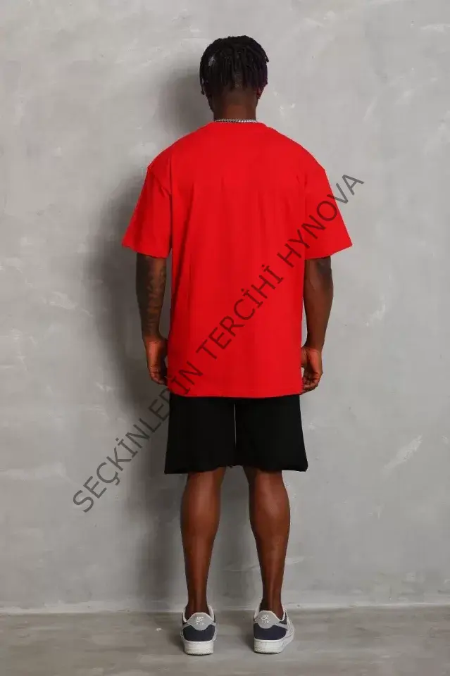 Unisex Oversize Düz Bisiklet Yaka T-Shirt - Kırmızı