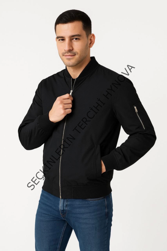 Erkek Içi Astarlı Fermuarlı Bomber Mont Ceket - Siyah