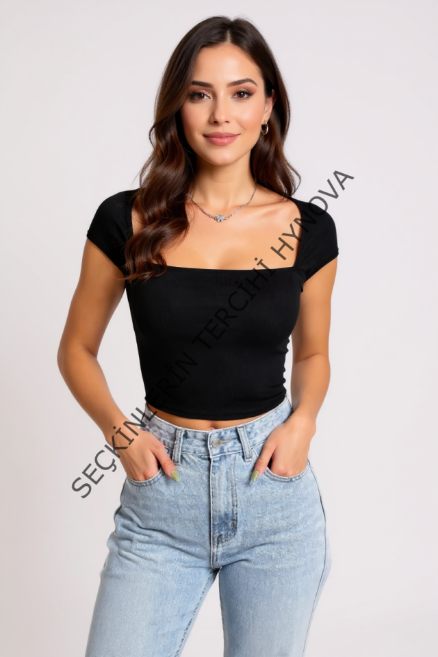 Kadın Siyah Kare Yaka Yarım Kol Göğüs Dekolteli Crop Top Bluz – Şık, Rahat ve Kolay Kombinlenebilir