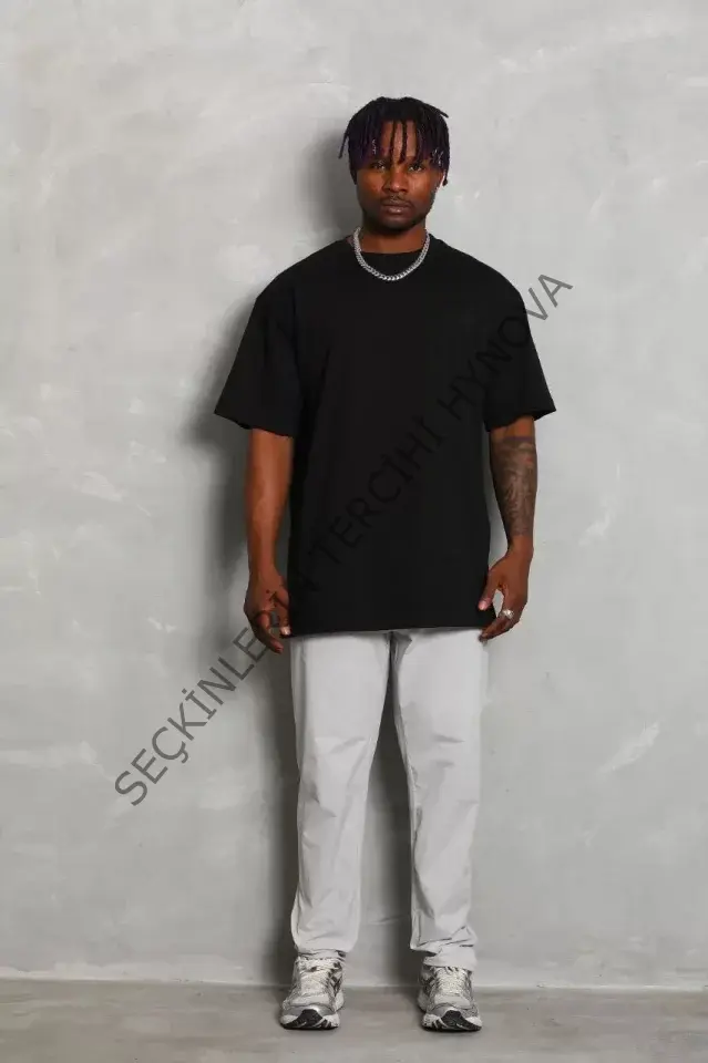 Unisex Oversize Düz Bisiklet Yaka T-Shirt - Siyah