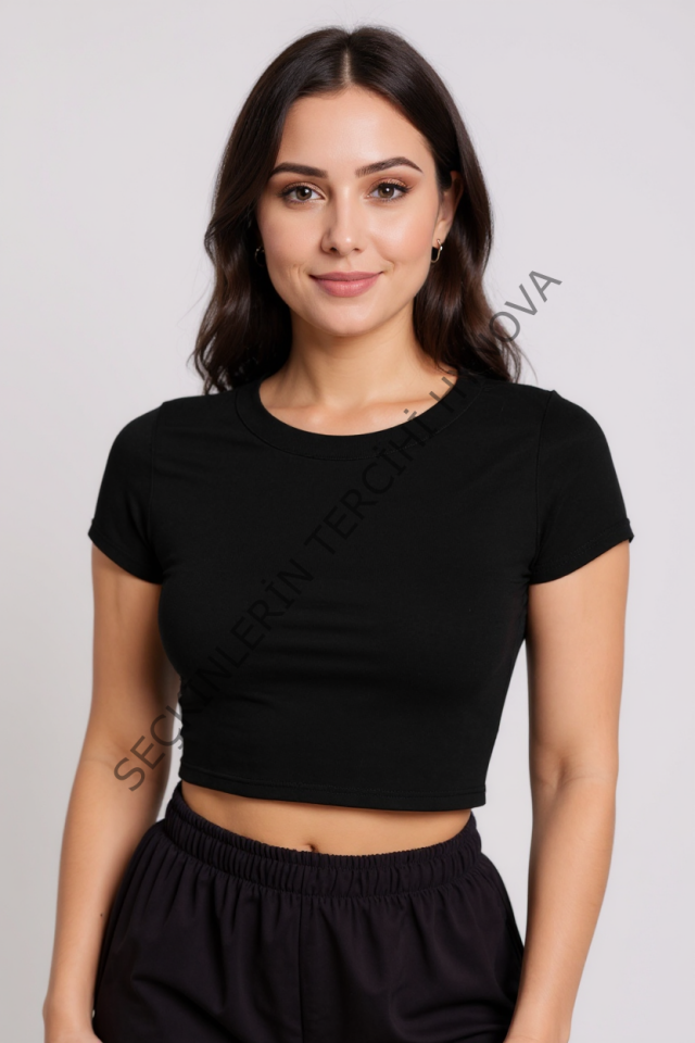 Kadın Siyah Yuvarlak Yaka Yarım Kol Crop Top Bluz – Şık, Rahat ve Kolay Kombinlenebilir