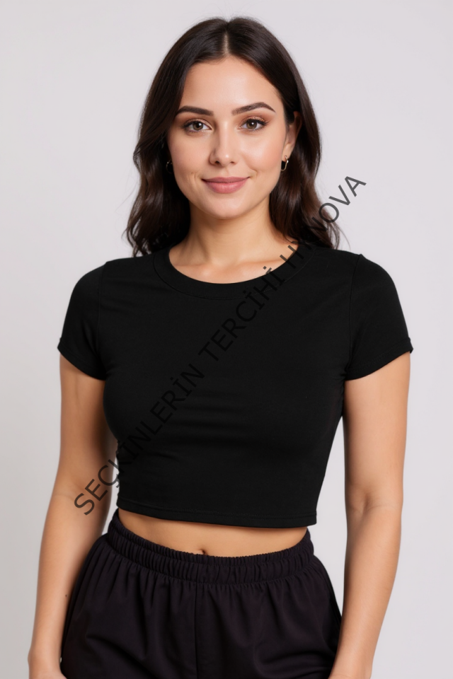 Kadın Siyah Yuvarlak Yaka Yarım Kol Crop Top Bluz – Şık, Rahat ve Kolay Kombinlenebilir
