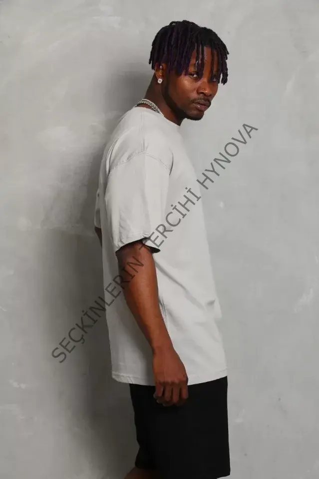 Unisex Oversize Düz Bisiklet Yaka T-Shirt - Gri