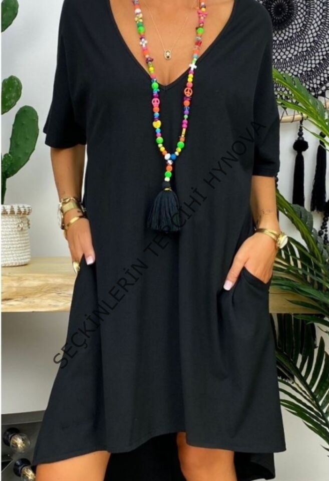 Kadın Kısa Kollu V Yaka Cepli Bürümcük Salaş Elbise