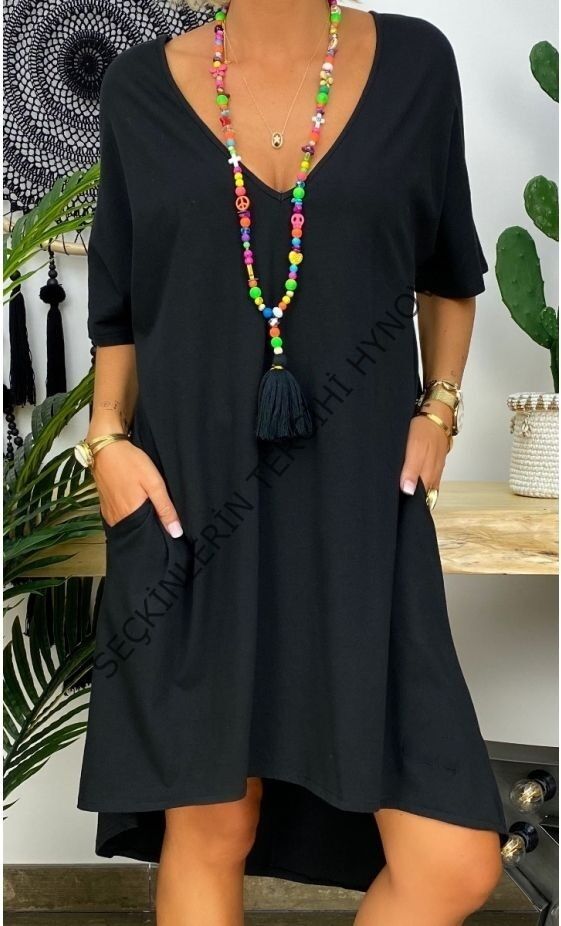 Kadın Kısa Kollu V Yaka Cepli Bürümcük Salaş Elbise
