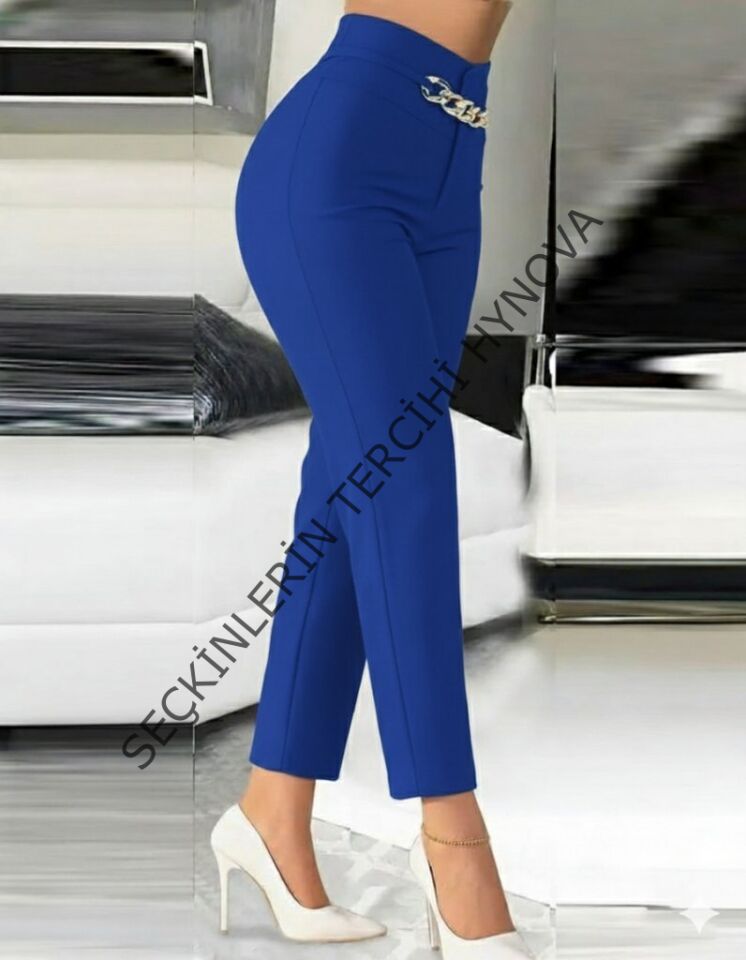 Kadın Yüksek Bel önden Zincir Detaylı Ithal Krep Pantolon