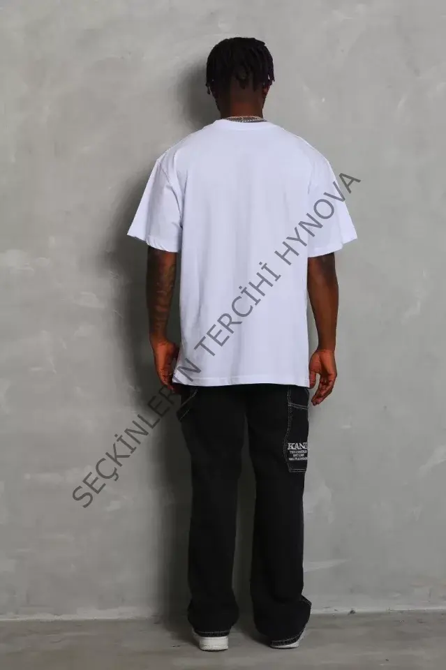 Unisex Oversize Düz Bisiklet Yaka T-Shirt - Beyaz