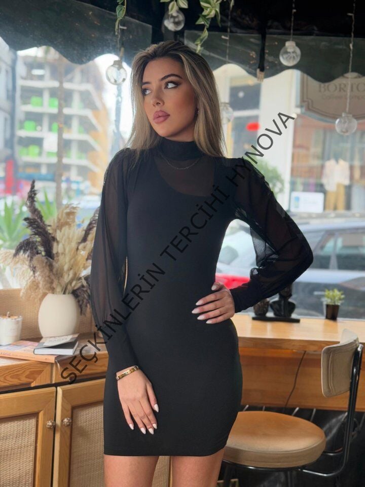 Kadın Balıkçı Yaka Transparan Detay Fırsat ürün Sandy Kumaş Mini Elbise