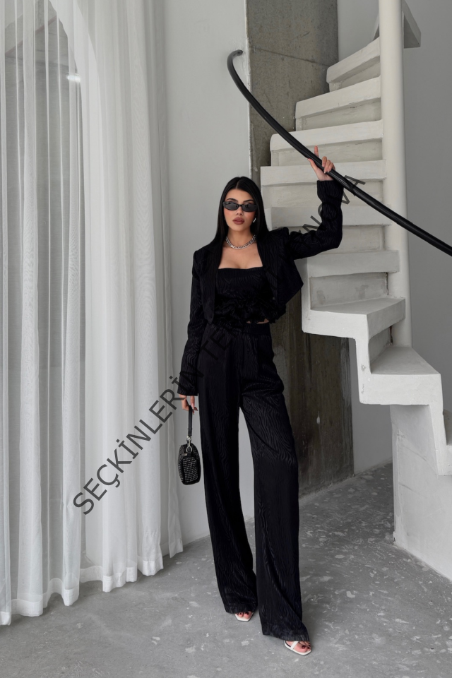 JAKARLI BLUZU TASARIM DETAYLI CEKET-PANTOLON-BLUZ 3 LÜ TAKIM - Siyah