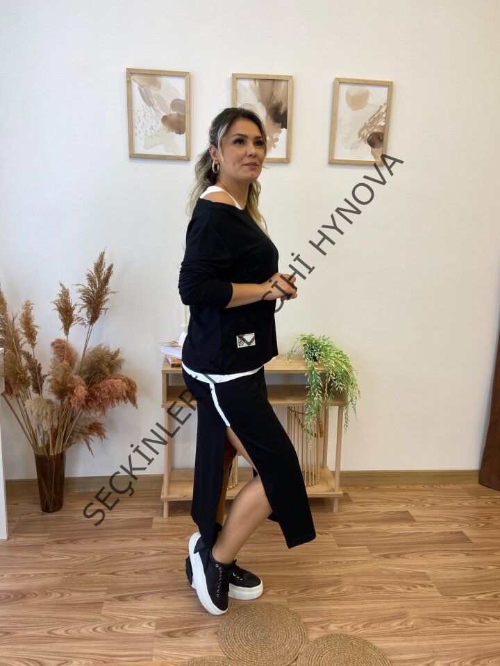 Kadın Uzun Kollu Tek Omuzu Açık Viskon Bluz Içi Atletli Ve Yandan şeritli üçlü Viskon Ikili Takım