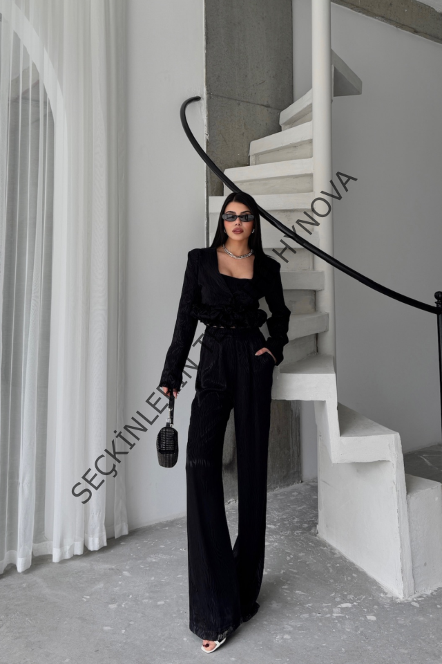 JAKARLI BLUZU TASARIM DETAYLI CEKET-PANTOLON-BLUZ 3 LÜ TAKIM - Siyah