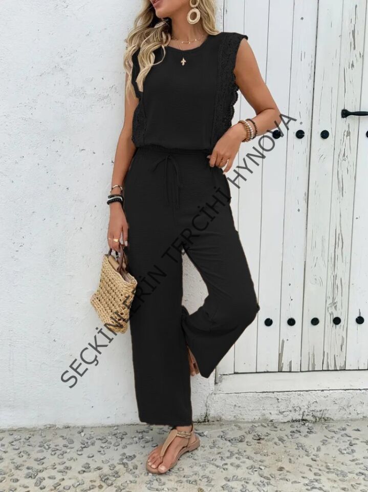 Kadın Kolsuz Bisiklet Yaka Aerobin Bluz Ve Bağcıklı Pantolon