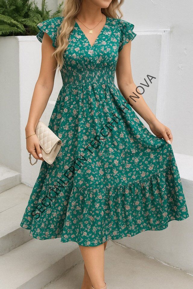 Kadın Kısa Kollu Kruvaze Yaka Beli Lastikli çiçek Desenli Elbise