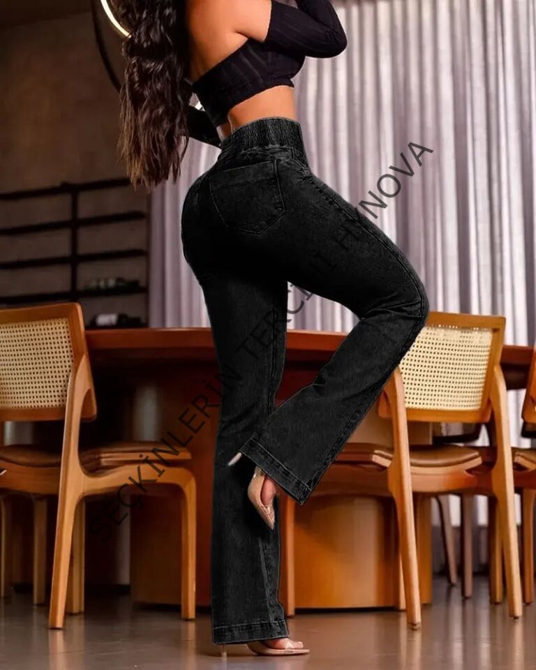 Kadın Yüksek Bel Yanları Lastik önü Düğmeli Kot Pantolon