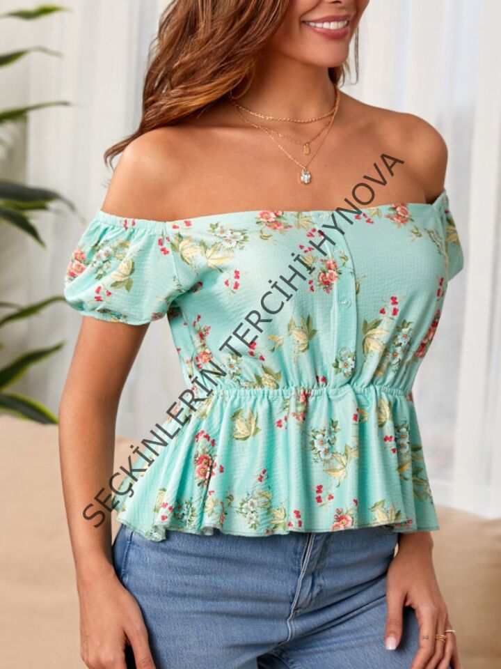 Kadın Kısa Kollu Madonna Yaka çiçek Desenli Düğme Detay Gipeli Süprem Kumaş Bluz