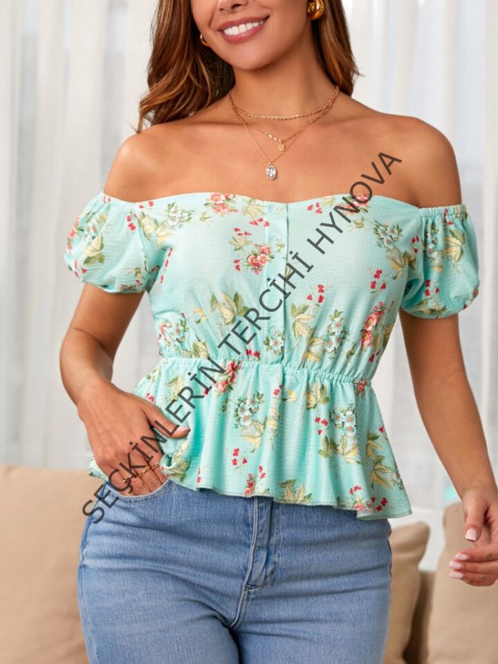 Kadın Kısa Kollu Madonna Yaka çiçek Desenli Düğme Detay Gipeli Süprem Kumaş Bluz