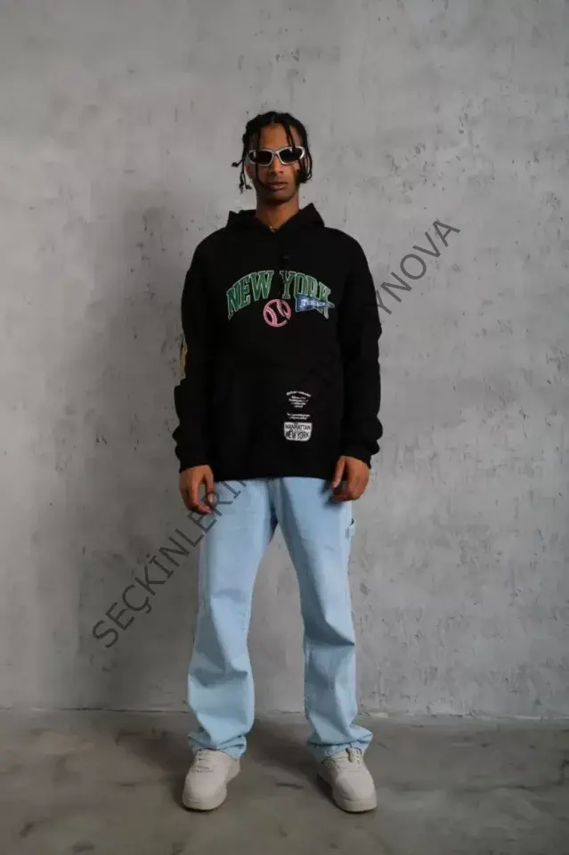 Erkek Baskılı Kapüşonlu Sweatshirt - Siyah