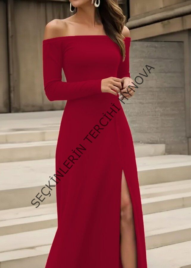 Kadın Uzun Kollu Madonna Yakalı Yırtmaç Detaylı Uzun Ithal Krep Elbise