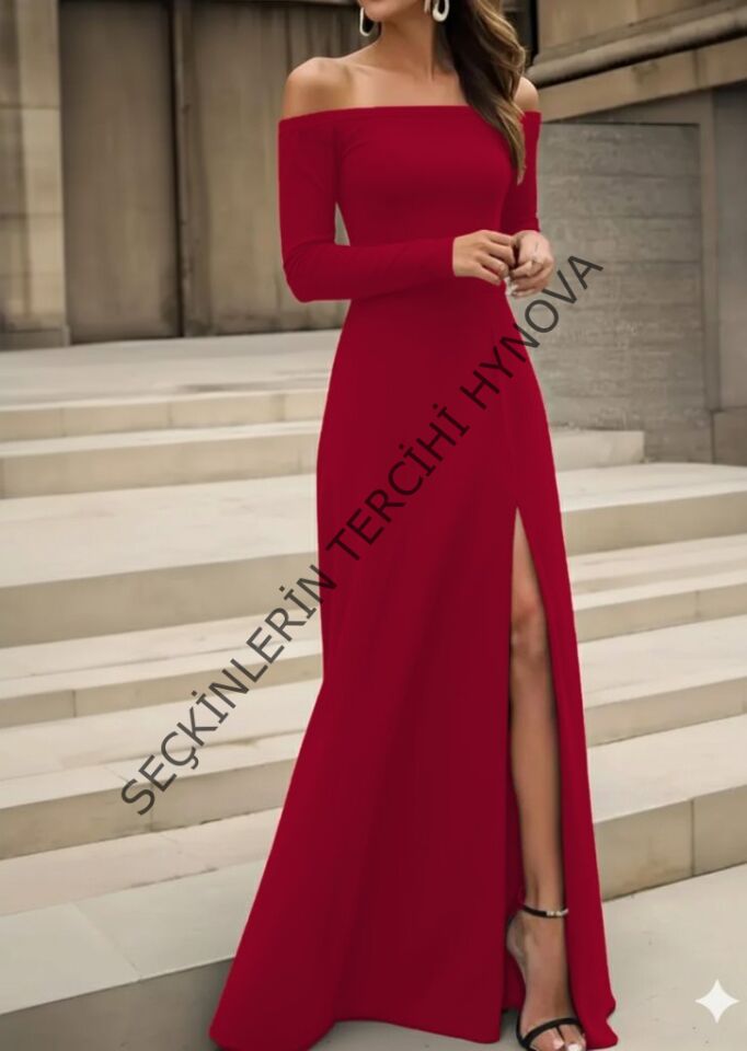 Kadın Uzun Kollu Madonna Yakalı Yırtmaç Detaylı Uzun Ithal Krep Elbise