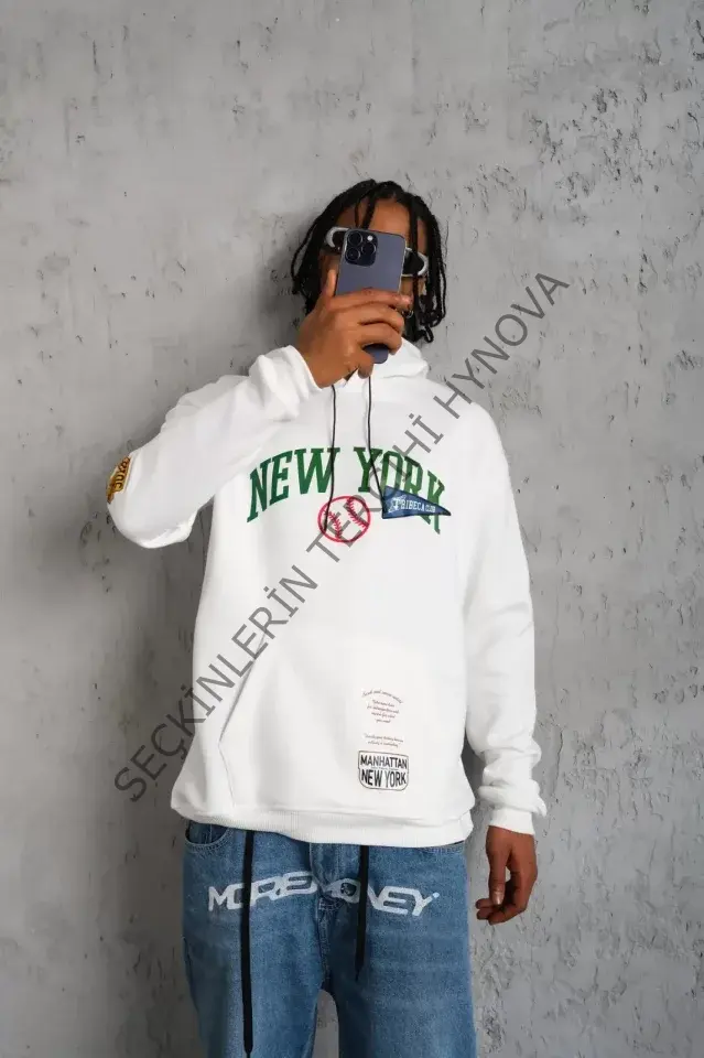 Erkek Baskılı Kapüşonlu Sweatshirt - Beyaz