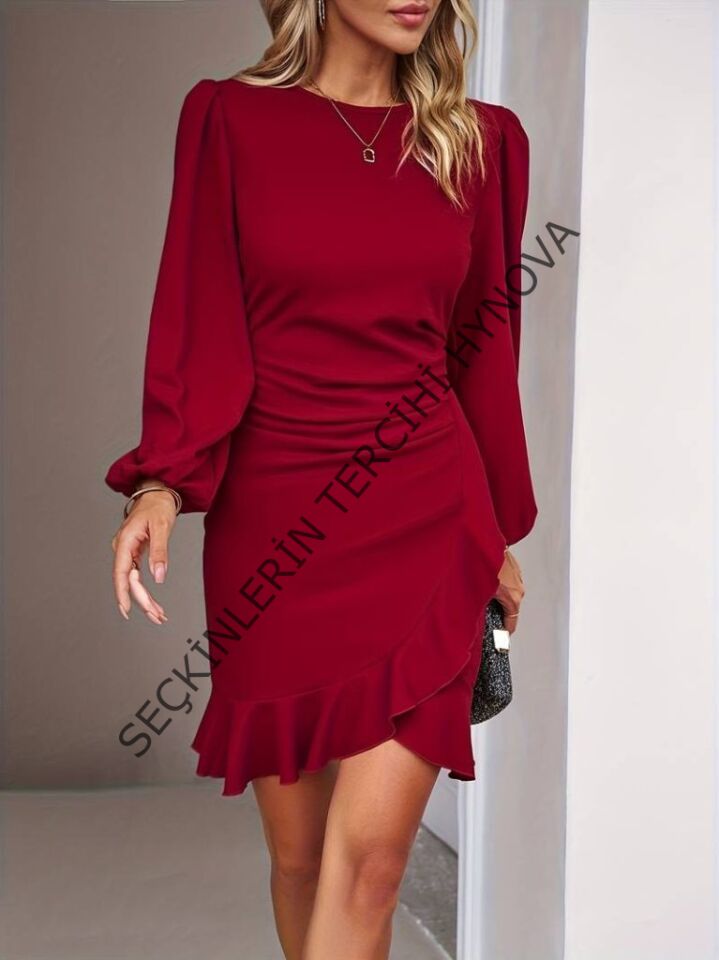 Kadın Uzun Kollu Bisiklet Yaka önden Volanlı Ithal Krep Elbise