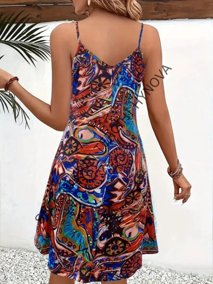 Kadın Ip Askılı V Yakalı Desenli Kısa Süprem Elbise