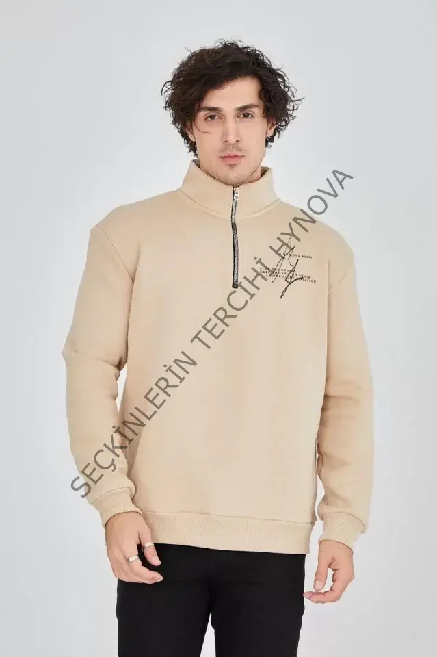 Erkek Yarım Fermuarlı Baskılı Sweat - Bej