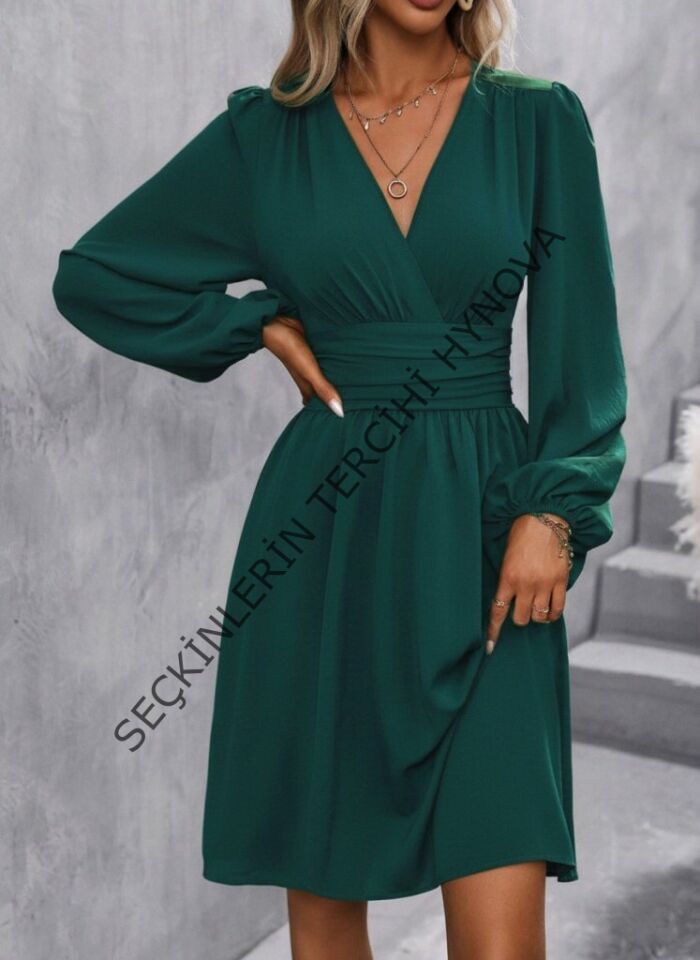 Kadın Uzun Kollu Kruvaze Yakalı Bel Korsajlı Mini Elbise