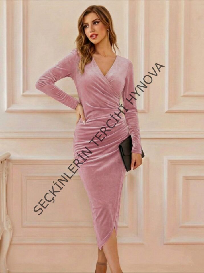 Kadın Uzun Kollu Kruvaze Yaka Belden Büzgü Detay Midi Kadife Elbise