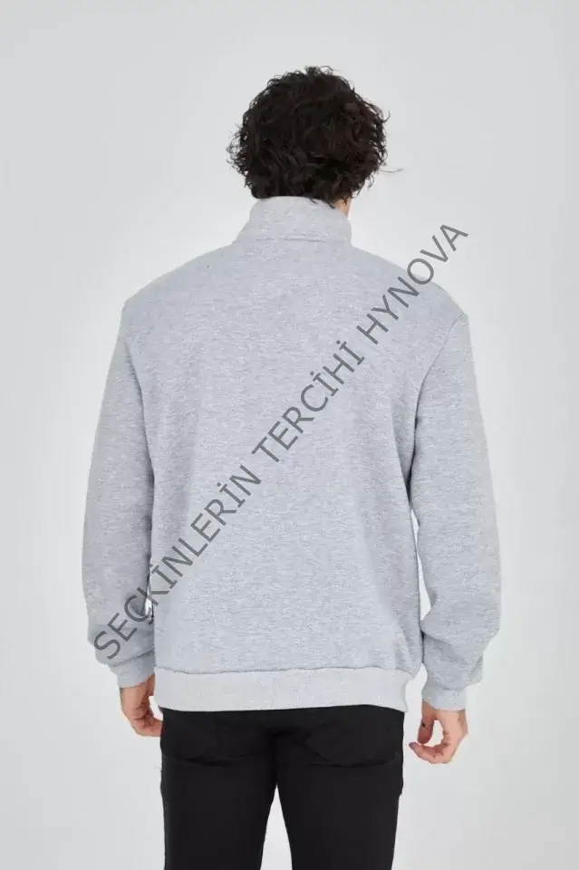 Erkek Yarım Fermuarlı Baskılı Sweat - Gri