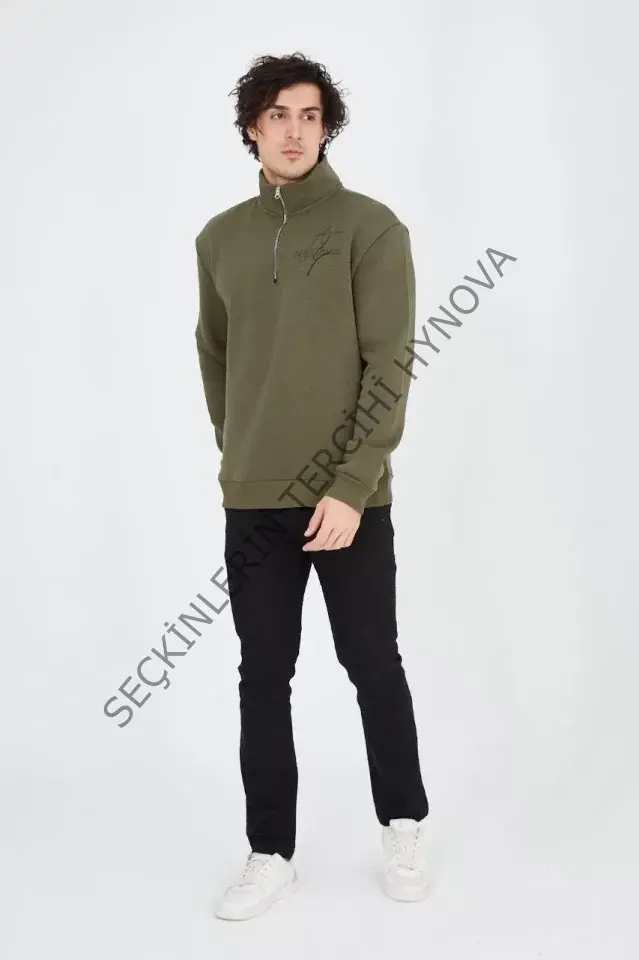 Erkek Yarım Fermuarlı Baskılı Sweat - Yeşil