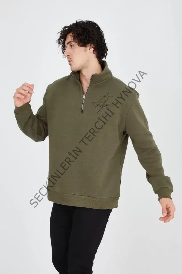 Erkek Yarım Fermuarlı Baskılı Sweat - Yeşil