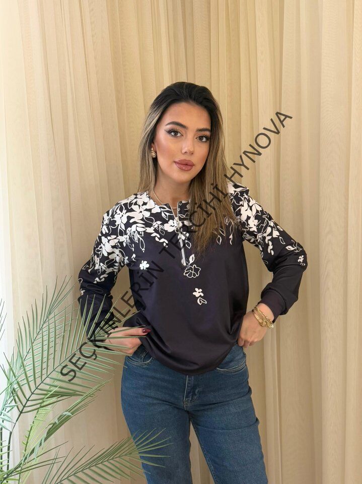 Kadın Uzun Kollu önden Fermuarlı çiçek Desenli şardonlu Dalgıç Bluz