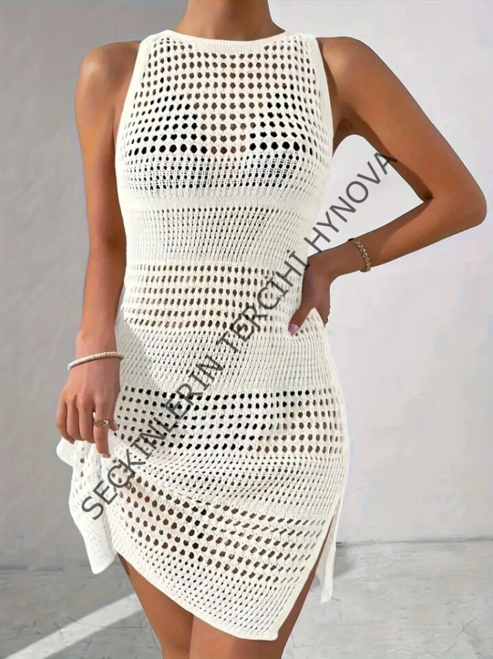 Kadın Kolsuz Derin Sırt Dekolteli Ajurlu Triko Pareo