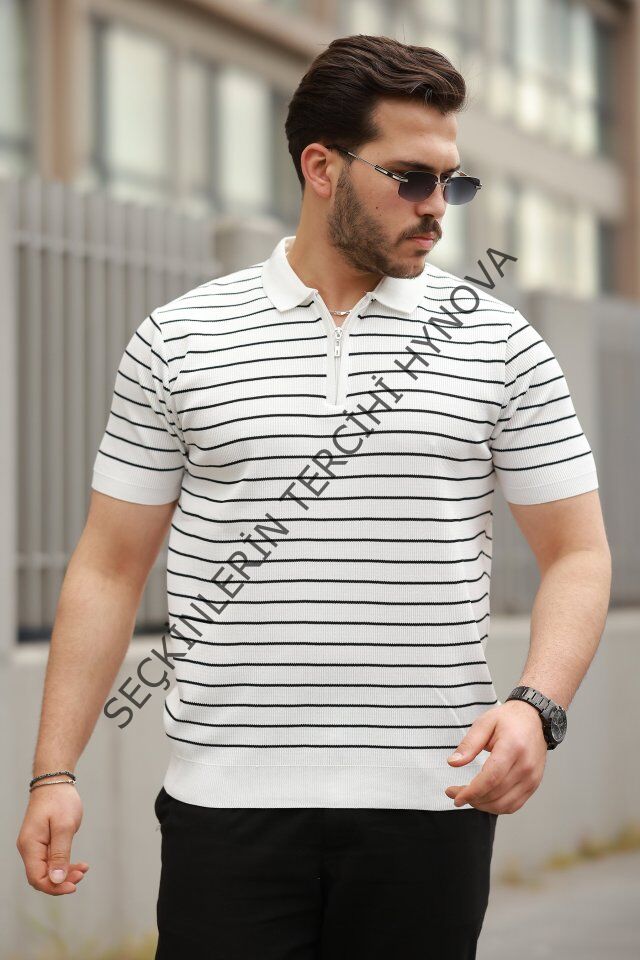 Erkek Fermuar Yakalı çizgili Kısa Kollu T-shirt