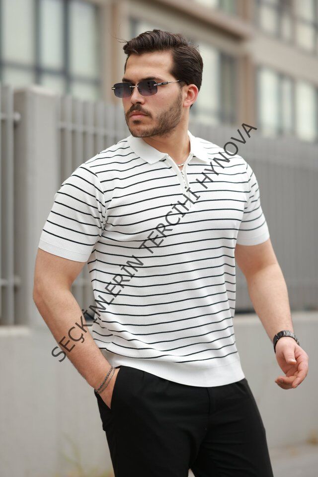 Erkek Fermuar Yakalı çizgili Kısa Kollu T-shirt