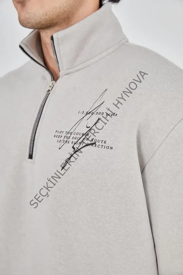 Erkek Yarım Fermuarlı Baskılı Sweat - Boyalı Gri