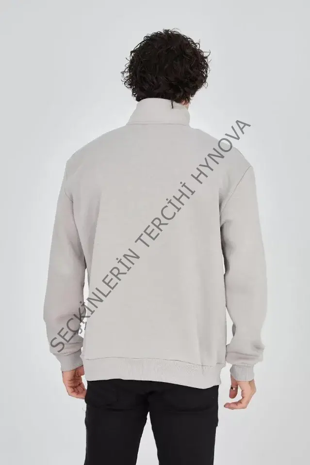 Erkek Yarım Fermuarlı Baskılı Sweat - Boyalı Gri