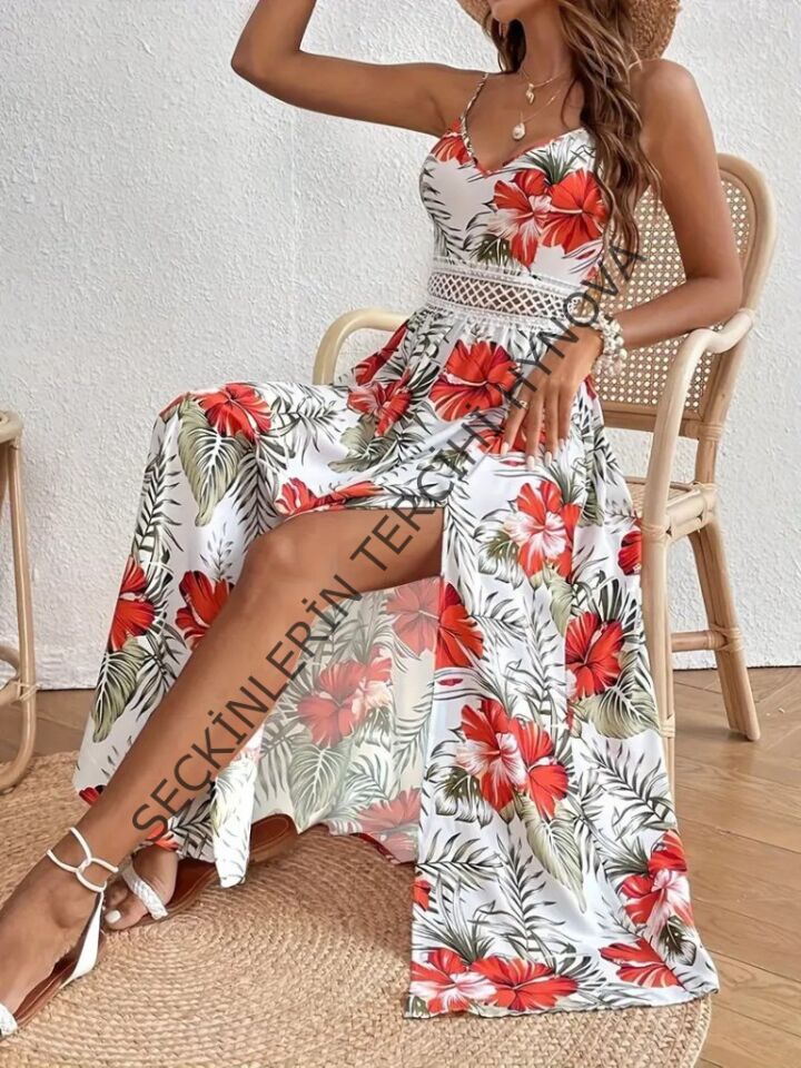 Kadın Ip Askılı V Yakalı Bel Güpür çiçek Desenli Yandan Yırtmaçlı Maksi Süprem Elbise